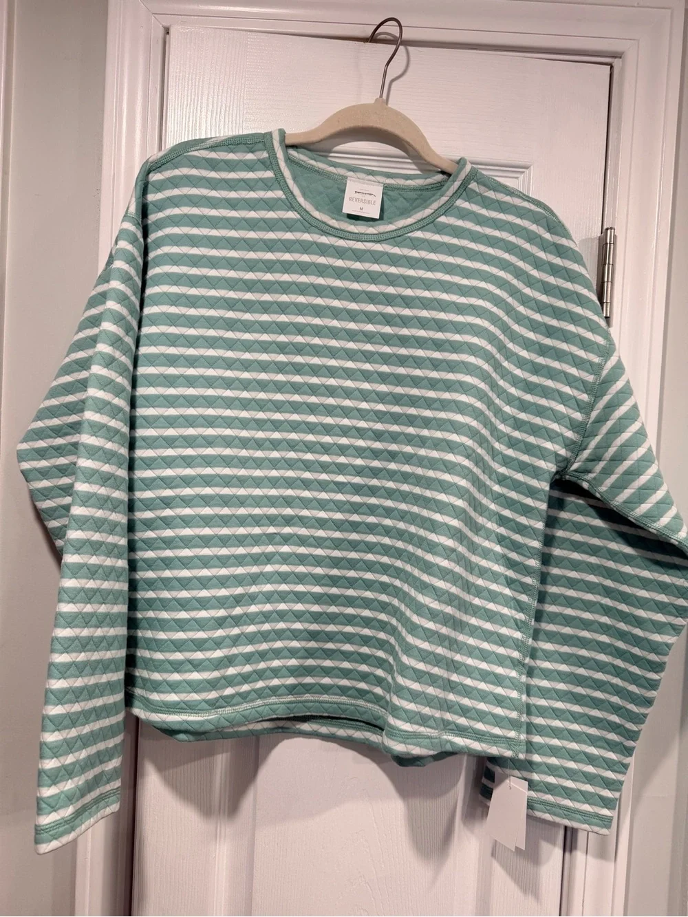 NWOT J. Crew Size M Mint Green Cream Reversible Quilted Striped Crew Sweatshirt